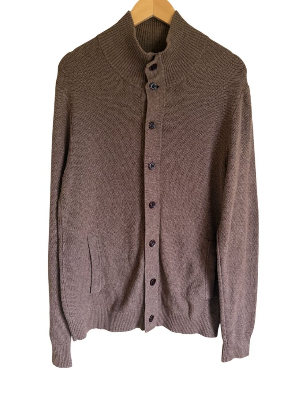 Goodfellow Brown Button Up Cardigan Sweater Size Large Cotton Blend Mock Neck Po